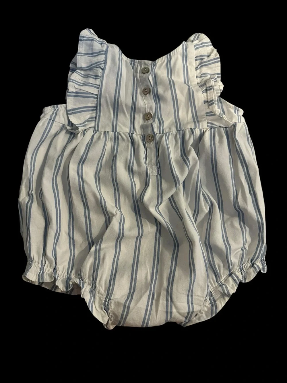 Petite Plume Baby’s Twill Ruffled Romper in Periwinkle Stripe 6-12 months